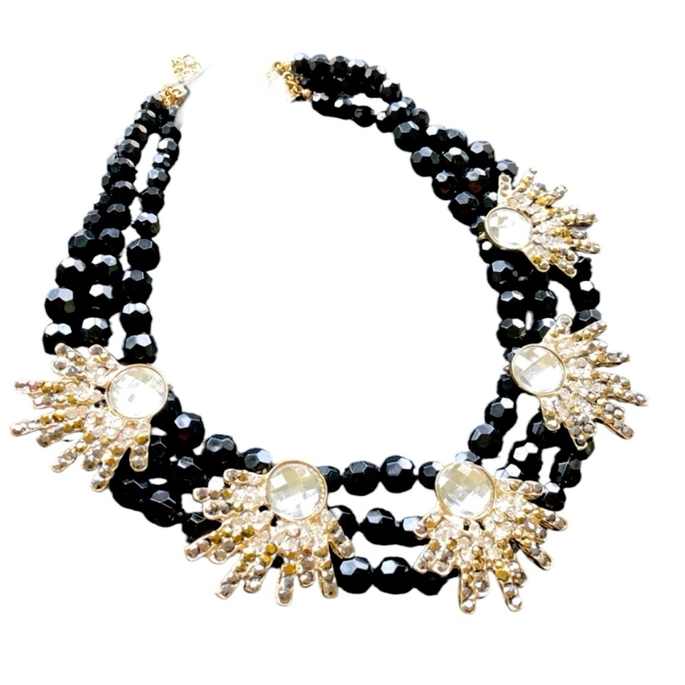 Black and Gold Rhinestone Sunburst Statement Necklace